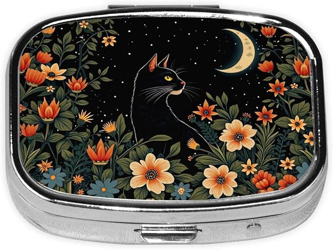 ABLESKY Pill Box, 2 Compartment Pill Organizer Case for Pocket or Purse, Small Portable Metal Travel Medicine Box with Mirror, Daily Vitamins Fish Oil Container-Cat and Moon Forest Floral
