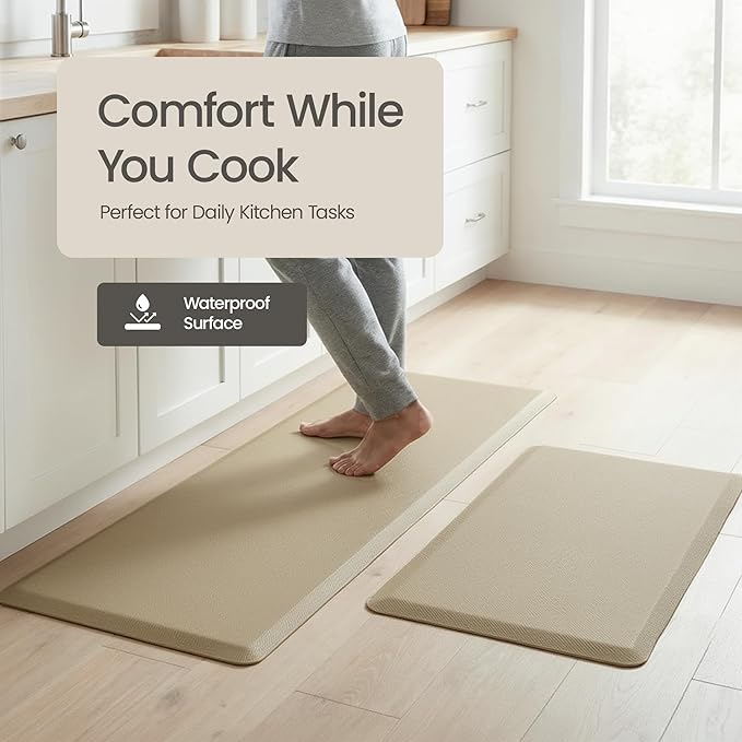 Anti Fatigue Kitchen Mats for Floor | Padded Kitchen Rugs | Non Slip, Cushioned Standing Desk Mat | Waterproof Floor Mat | 17.3" x 28" x 0.47" & 17.3" x 47.2" x 0.47", Beige, 2-Pack | More Décor