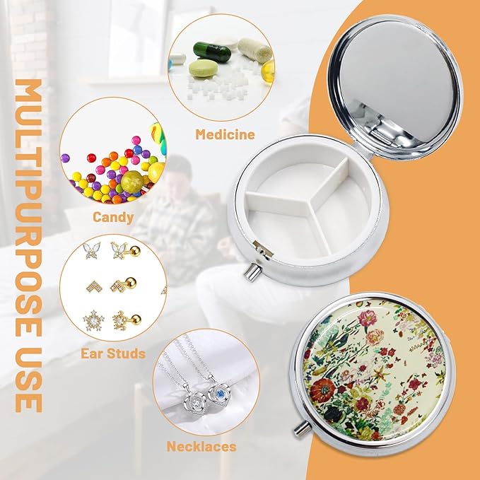 4 Pack Elegant Small Pill Box, 3 Compartments Pill Case for Purse Pocket with Mirror, Metal Travel Portable Medicine Tablet Vitamin Holder Organizer Container, Style A