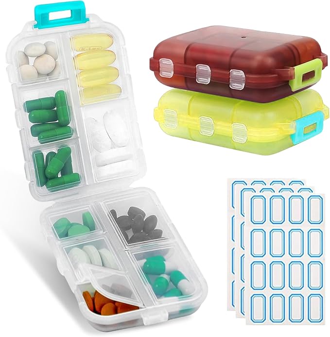 3PCS Travel Pill Organizer Portable Pocket Pill Case Small Pill Box for Purse Medicine Organizer Have 10 Compartments Storage Vitamin Fish Oil by INVODA (Pink+Gray+Blue+Lables)