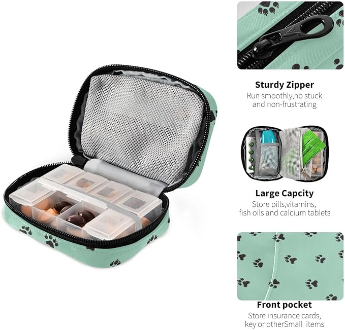 Dog Paw Print Travel Medicine Organizer Bag Compact Pill Case with Inner Compartments & Secure Zipper for Women Men Seniors