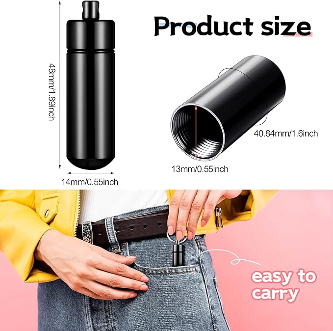 Patelai 12 Pcs Portable Keychain Pill Holder Mini Pocket Pill Case for Men Women Aluminum Geocache Containers Waterproof Metal Medicine Bottle Organizer for Outdoor Camping Travel(Black)