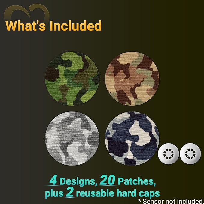 Libre 3 Sensor Covers Waterproof Camo, 20-Pack Amolyfe Adhesive Patch for Freestyle Libre 3 & Plus, Bump-Proof with 2 Hard Caps and Tin Case, Breathable 14-Day CGM Protection (Camo)