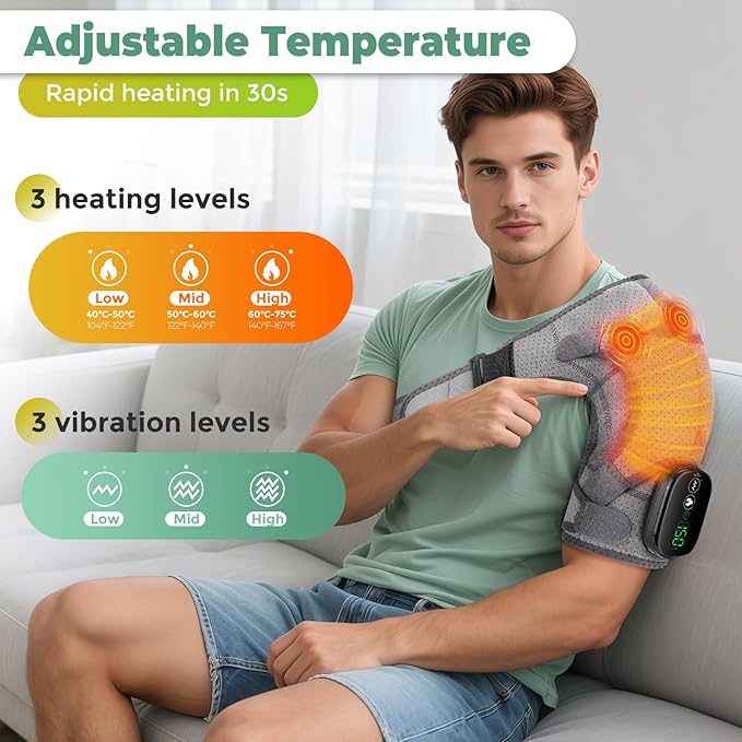 Shoulder Heating Pad with Massage, Cordless Shoulder Heating Pad, Shoulders Massager for Pain Relief, Left Right Heated Shoulder Wrap for Rotator Cuff & Shoulder Brace Support (Grey)