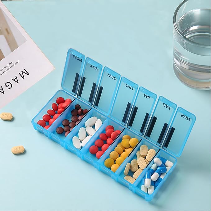 Pill Organizer 7 Day for Travel BPA Free Weekly Pill Organizer Piano-Keyboard Pill Box,Vitamin Organizer (Blue)