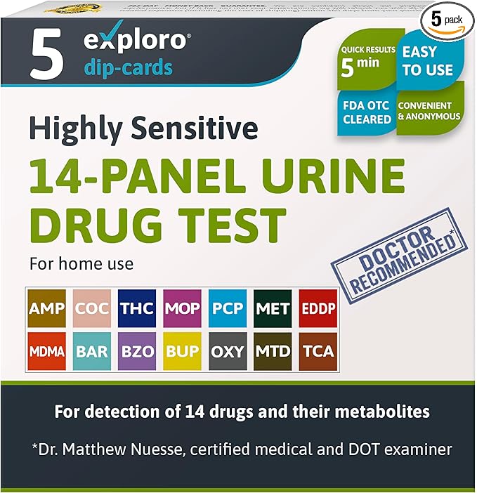 Exploro 14 Panel Urine Drug Test Kit, Instant at Home Drug Test for 7 Illicit & 7 Prescription Drugs THC,OPI,AMP, BAR, BUP, BZO, COC, mAMP, MDMA, MTD, OXY, PCP, EDDP, TCA, Drug Test Kit (Pack of 5)