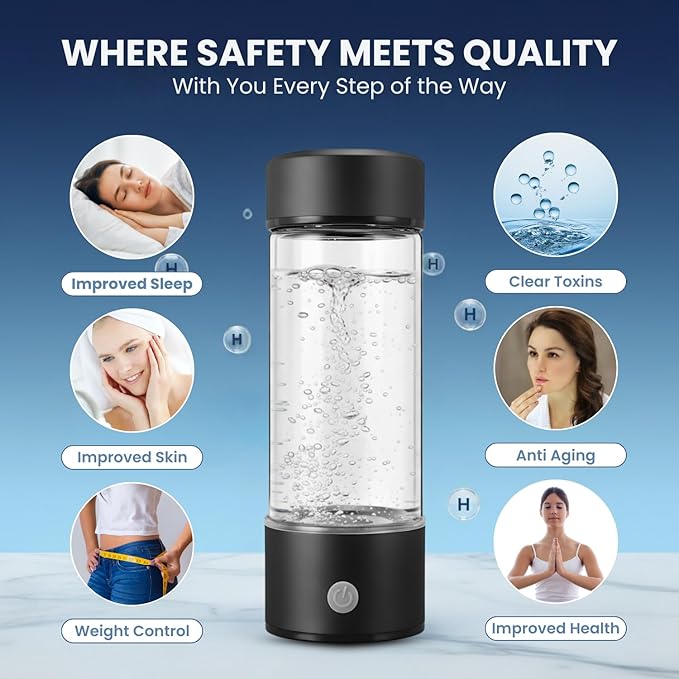 Hydrogen Water Bottle, Portable & Rechargeable – Molecular Hydrogen Water Generator, Alkaline Ionizer, Hydrogenated Water Purifier for Health & Fitness with Hydrogen-Rich Water Black