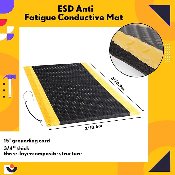 1 Pcs 2'x3' Anti Fatigue Mat Industrial, ESD Conductive Pad with Ground Wire, Heavy Duty Ergonomic Standing Floor Mat for Commercial Work, Shop Stand, Thick 3/4" Black with Yellow Border