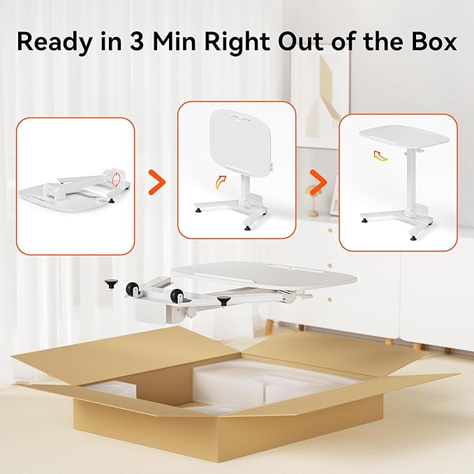 Foldable Pneumatic Height Adjustable Mobile Standing Desk with 90° Tiltable Tabletop, 27.2x18.9 Inch Portable Laptop Desk with Wheels, Holds Up to 66.1lbs for Home Office, Study, White