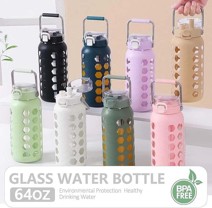 MUKOKO 64oz Glass Water Bottles with Straw and Lid,Half Gallon Water Bottle with Time Marker,Large Glass Water Jug with Silicone Sleeve and Stainless Steel Handle-Green