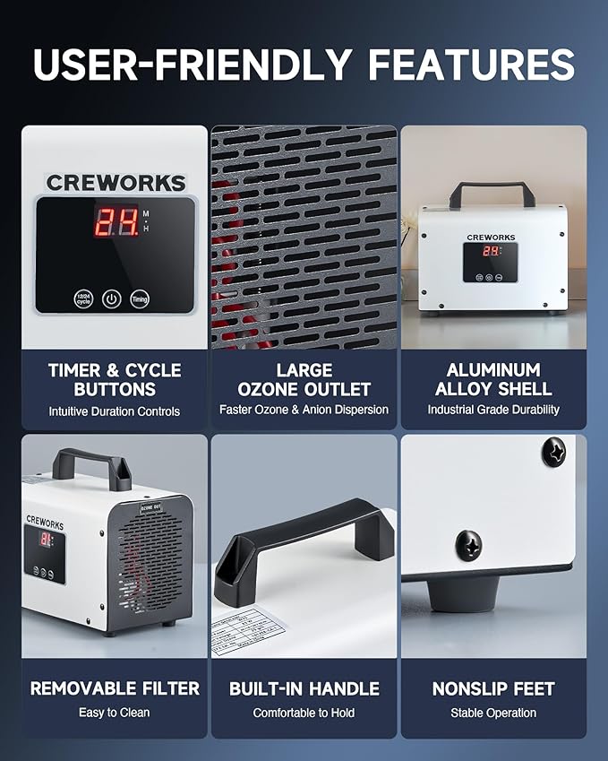 CREWORKS Digital Ozone Generator, 35000 mg/h High Capacity Ozone Machine for Car Home Smoke Pet Odor Removal, Commercial Ozone Odor Eliminator Air Purifier with Adjustable Settings for 3200 sq ft Room