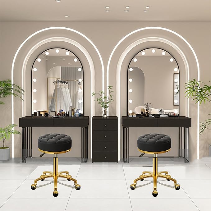 Rolling Stool Gold Vanity Stool with Wheels, Pedicure Massage Roller Stools, PU Leather Round Swivel Salon Spa Chair, Titanium Gold Base, Height Adjustable 43-55 cm (Black)