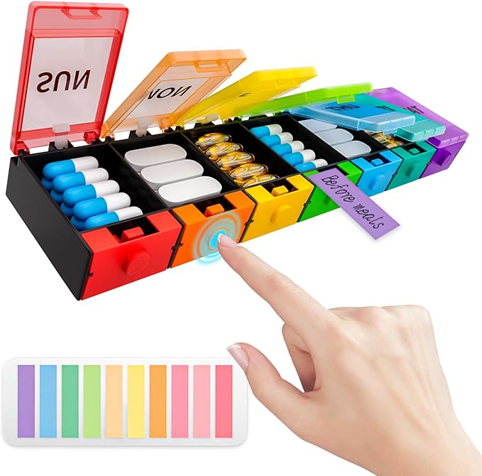 Push Button Weekly Pill Organizer, Medicine Pill Organizer with Label, Pill Box Case 7 Day, Pill Container for Vitamins, Fish Oil, Supplements Medication (Colorful)