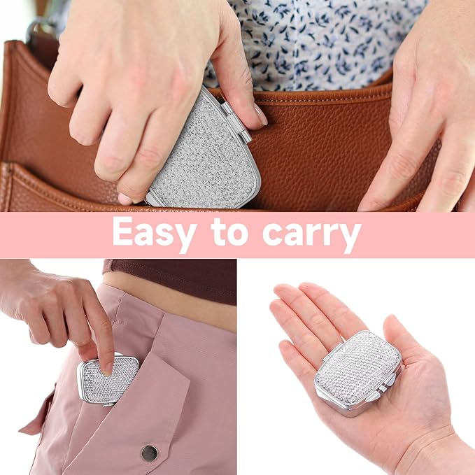 Bling 2 Compartment Pill Case Crystal Diamond Medicine Planner Pill Container Small Cute Pill Case Vitamins Organizer Portable Travel Pill Box Case for Purse Pocket (Silver)