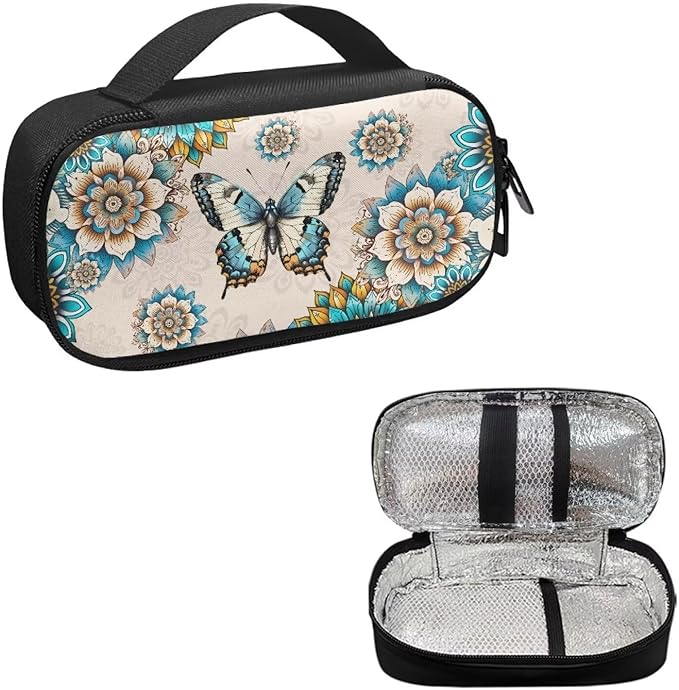 Bohemia Butterfly Insulin Pen Cooler Travel Case with Handle Daily Life and Trip Storage Bag for Glucose Meter, Test Strips, Lancets & Diabetic Supplies, Easy to Carry