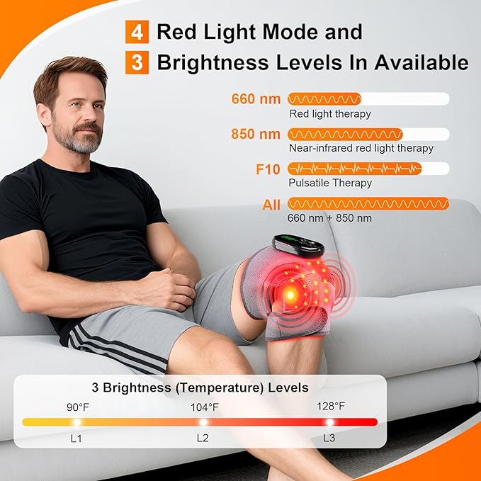Knee Massager with Heat and Red Light Therapy and Vibration, 660nm & 850nm Infrared Red Light Therapy for Pain Relief, 5000mAh Protable Rechargeable Heated Brace for Knee, Joint, Elbow, Shoulder