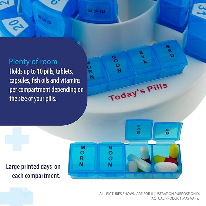 Deke Home - 31 Day Monthly Pill Organizer XL with Pill Cutter, BPA-Free, 4 Times a Day (AM PM), Large Pill Box for Multiple Daily Doses, Removable Compartments, Hard Case Travel Dispenser