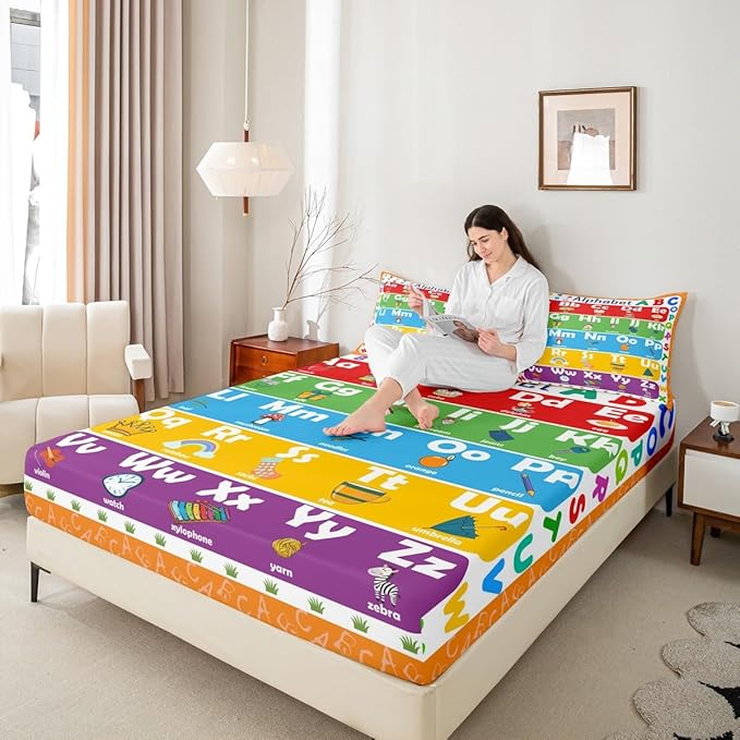 ABC Alphabet Bed Sheet Set Full Size, Learning Alphabet Fitted Sheet Kids Toddler Educational Bedding Set Word Educational Bed Cover (2 Pillow Cases and a Fitted Sheet)