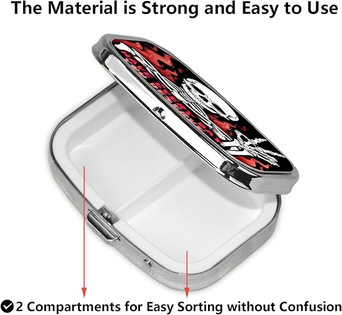 ABLESKY Pill Box, 2 Compartment Pill Organizer Case for Pocket or Purse, Small Portable Metal Travel Medicine Box with Mirror, Daily Vitamins Fish Oil Container-Skull Have Every Day You Deserve