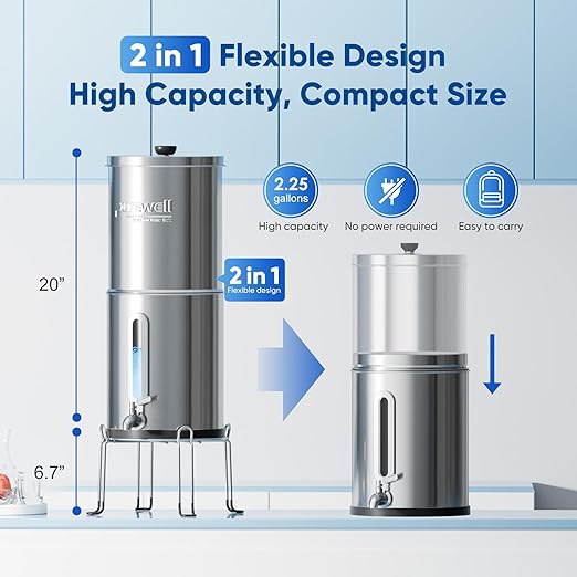 Purewell 2.25G Gravity Water Filter System with Water Level Window, 3-Stage 0.01μm Ultra-Filtration Stainless Steel Countertop System with 2 Filters and Stand, Reduce 99% Chlorine, PW-KS