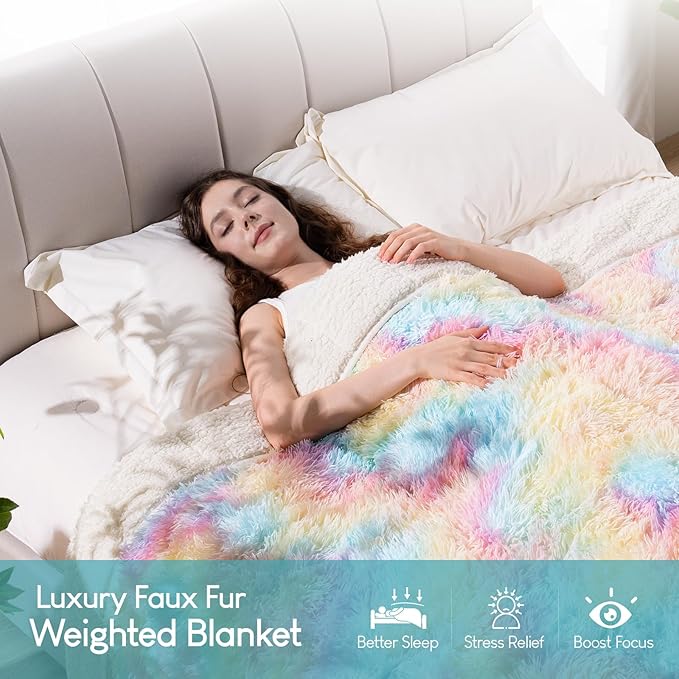 Cottonblue Plush Shaggy Weighted Blanket 20lbs, Ultra Soft Faux Fur Sherpa Blanket, Luxury Fluffy Fleece Reverse Blankets, Warm and Cozy Throw for Bedroom Sofa Floor Decor, 60"x80", Rainbow