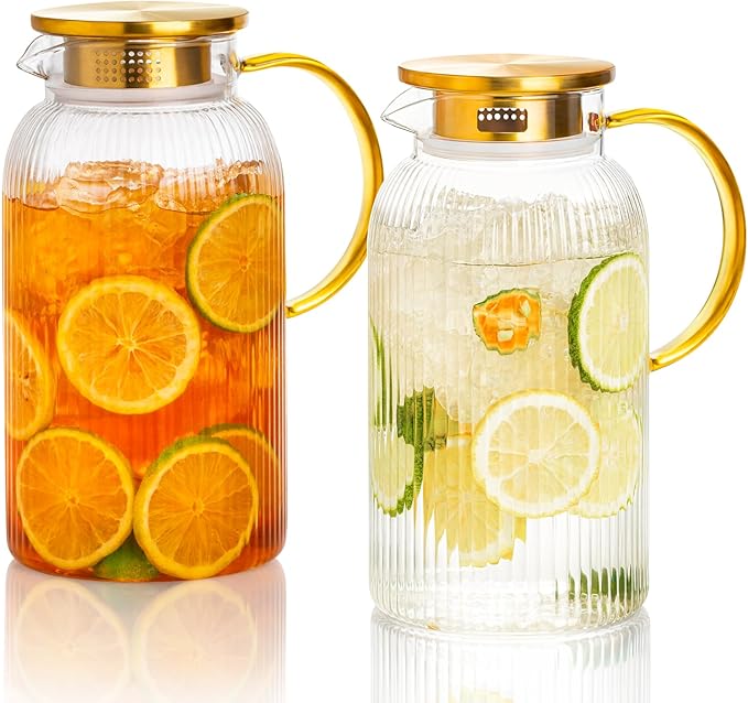 OneDream 2 Pack Glass Pitcher with Lid, 68 oz Heat-Resistant Borosilicate Glass Water Pitcher, Wide Mouth Round Glass Pitcher with Handle, Leak-Proof Silicone-Edged Lid, for Iced Tea, Coffee, Juice