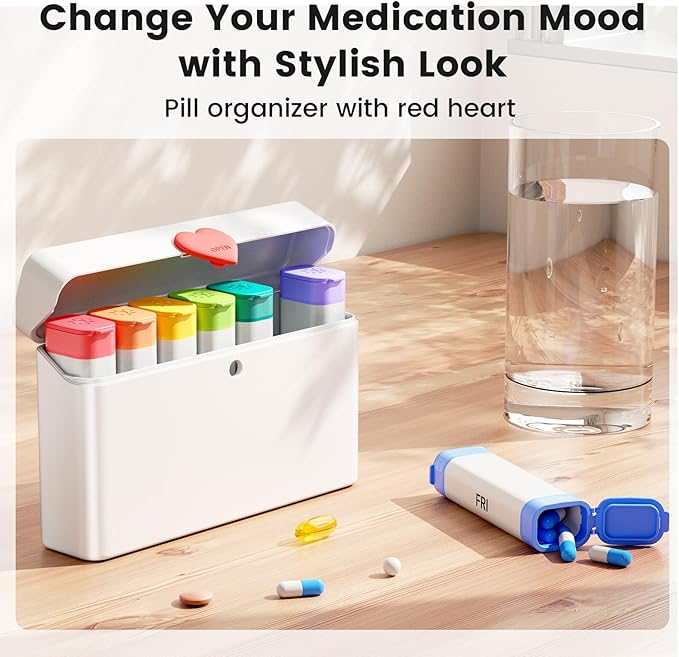 Daviky Pill Organizer 2 Times a Day - Large Capacity Weekly AM PM Pill Box with Heart Latch, 7 Day Travel Pill Case, Cute Medicine Organizer for Medication, Vitamins, Supplements