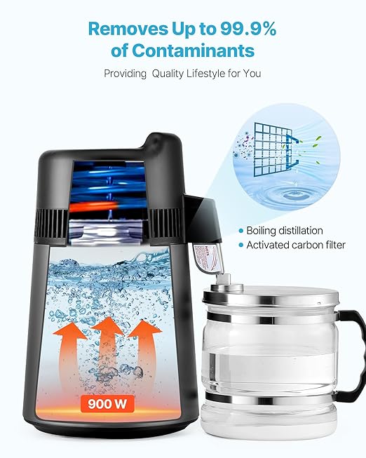 VEVOR Water Distiller, 6L/1.6 Gallon Larger Pure Water Purifier Filter for Home Table Countertop, 900W Glass Pot Distilled Maker, Stainless Steel Interior Drinking Machine to Make Clean Water