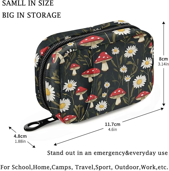 Fustylead Watercolor Amanita Mushrooms and Daisy Pill Organizers 2 Times A Day Pill Case Bag with Zipper Portable Weekly Pill Dispensers for Vitamin Supplement