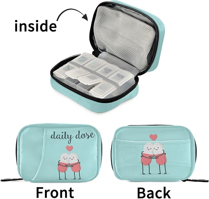 Naanle Cartoon Pills Heart Pill Box 7 Day Case Bag Travel Organizer with Zipper Portable Weekly Compact Size for Vitamin Supplement Holder A Cartoon Red Blue 4.6 x 3.14 x 1.88 Inch 0.12 kilograms