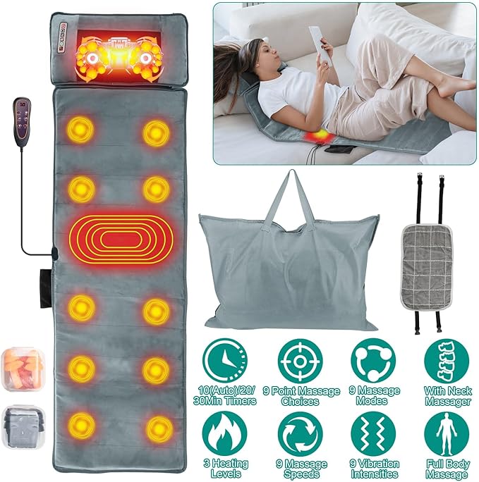 KOCASO Full Body Massage Mat with Heat Two Earplugs- 10 Vibration Motors & 9 Modes,Back/Neck Massager Chair Pad, with Neck Pillow Timer Anti-Slip Bottom Gifts for Stress Relief(Advanced)
