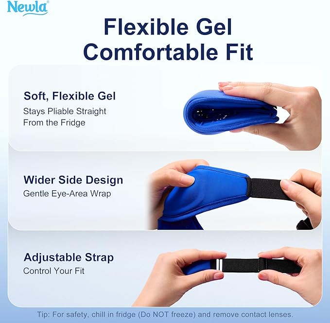 Cooling Gel Eye Mask, FSA Eligible Contoured Cold Compress for Eyes, Reusable Cold Eye Mask for Puffy Eyes, Migraine & Tired Eyes, Post Surgery, Ice Gel Pack for Eye Care, Adjustable Strap (Blue)