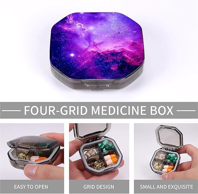 This Portable Purple Nebula Starry Sky Pattern 4-Compartment Pillbox Can Be Placed in A Pocket Or Wallet to Store Vitamins, Medicines Fish Oil Health Supplements Other Medications.