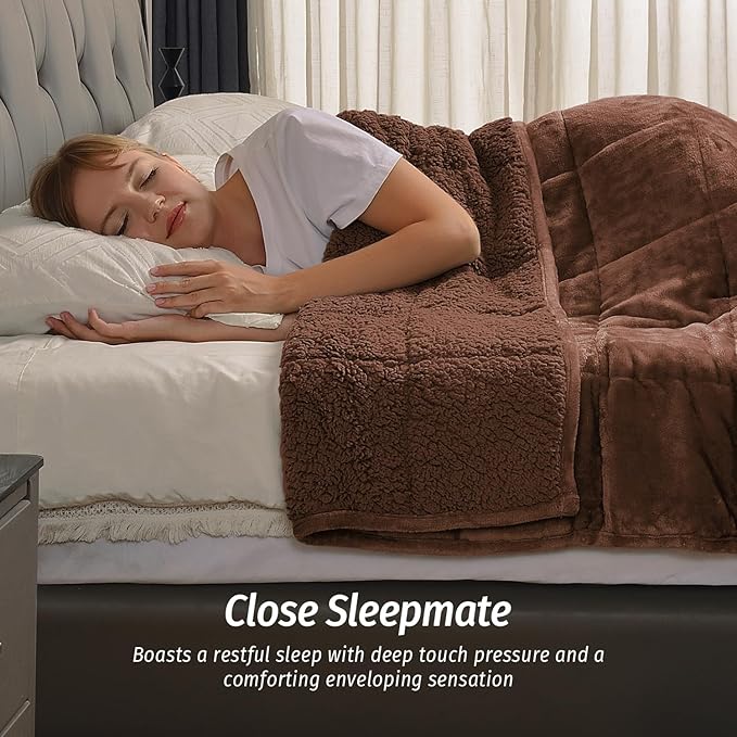 Wemore Sherpa Fleece Weighted Blanket for Adult, 20 lbs Dual Sided Cozy Fluffy Heavy Blanket, Ultra Fuzzy Throw Blanket with Soft Plush Flannel Top, 60 x 80 inches, Coffee Brown on Both Sides
