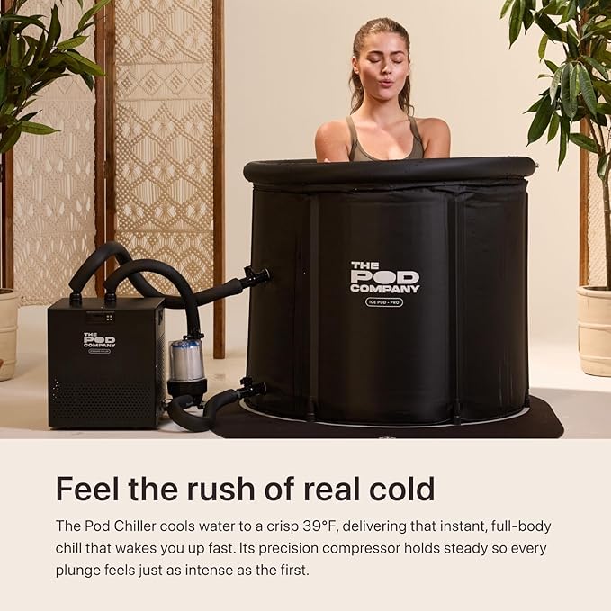 The Pod Company Cold Plunge Ice Bath Bundle – 110-Gallon Pro Ice Pod with Insulated Lid, 18 Reusable Ice Bricks & Cleaning Kit – Chiller Compatible for Home Recovery & Wellness