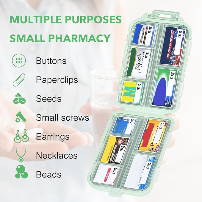 Travel Pill Organizer with Medicine Labels, 10 Compartments Travel Medicine Organizer Daily Small Pill Container Travel Pill Box Purse Pill Case (Green, 189 Lables)