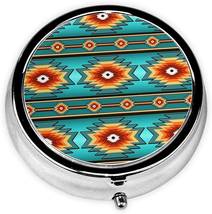 Pill Box Three-Compartment Medicine Pill Case, Portable Medicine Tablet Holder Organizer for Purse Pocket Travel Gift, Ethnic Aztec Turquoise Geometric Indiana Western Southwest Pattern
