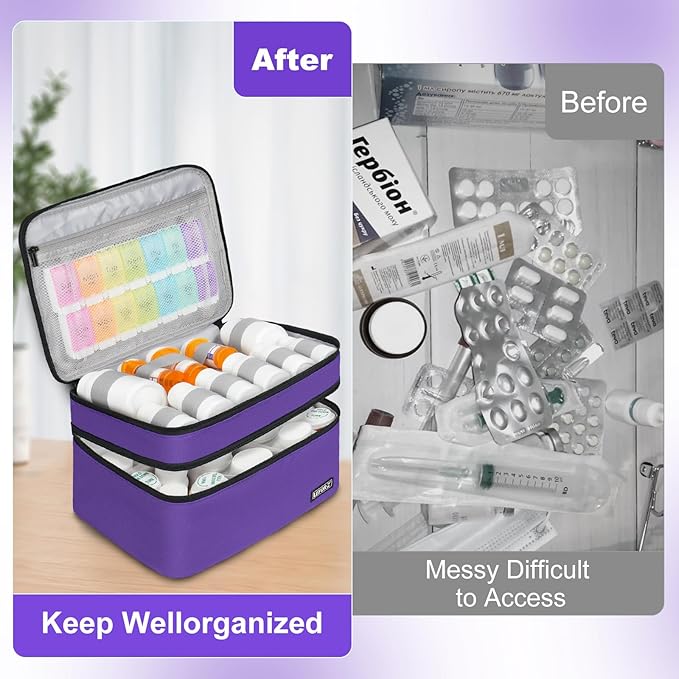 Medicine Storage Bag,Double Layers Pill Bottle Organizer Bag Empty with Lockable Zipper&Adjustable Divider,Medication Travel Carrying Bag for Pills,Vitamins,Medical Supplies,Purple