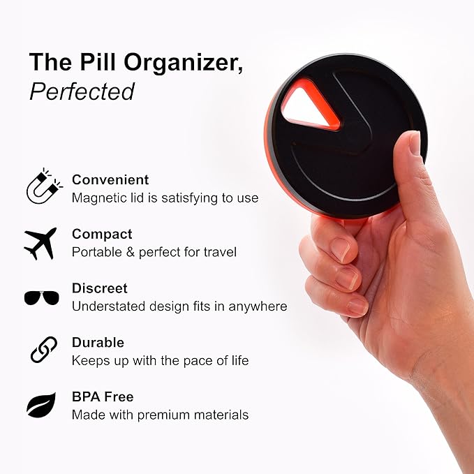 Travel RX Pill Case by Type Two Labs – Weekly 7 Day Pill Box, Compact Magnetic Pill Organizer for Purses or Pockets, Rugged Daily Caddy Holds Vitamins, Supplements, Medication. (Hazard Orange)