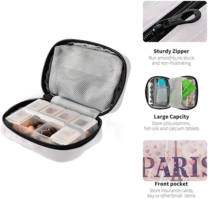 Pink Paris Medication Organizer Bag Travel Size Full-Print Zippered Pill Case with Compartments for Handbags Backpacks & More