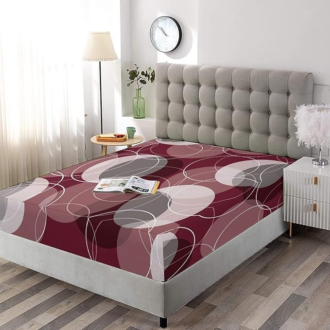 XISUNYA Decorative Fitted Sheet Set King Size, Maroon Deep Pockets Fitted Sheet & 2 Pillow Sham Set, Retro Skinny Ring Shapes Overlapping Circles Funky Printed Microfiber Bedding 3pc Set
