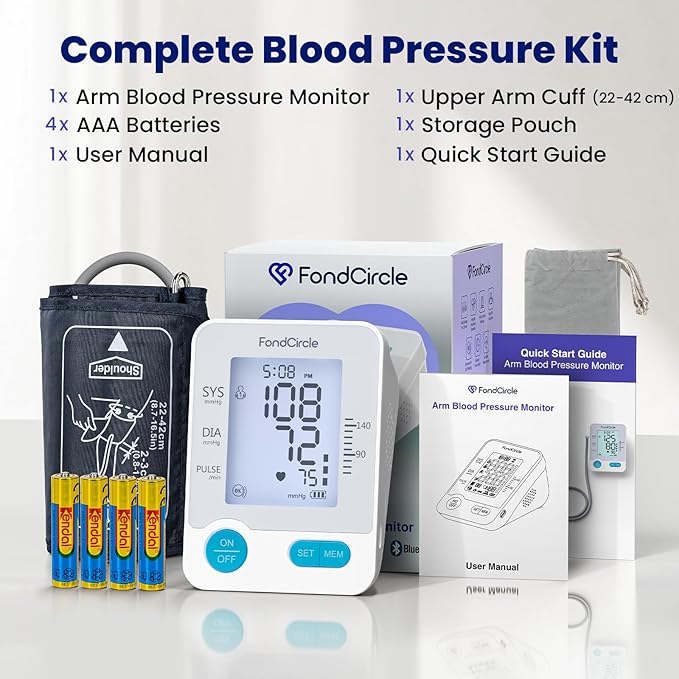Blood Pressure Monitor, FondCircle Upper Arm Blood Pressure Monitor for Home Use, Stores 2x99 Readings, Bluetooth Enabled with 8.6"-16.5" Cuff, Large Backlit Display, Data Sync App for iOS & Android