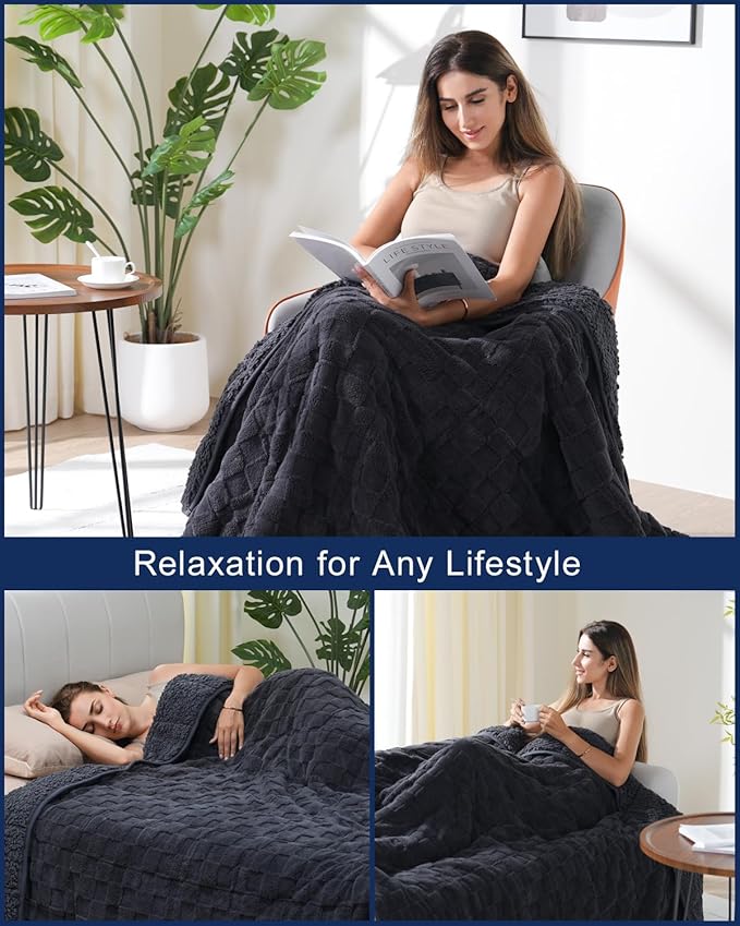 Kivik Dual Sided Weighted Blankets for Adults, Buttery Soft Stylish Checkered Heavy Blankets for Couch Sofa Bed - Ultra-Fluffy Fabric Brings Cloud-Like Comfort (60"x80"，Black，20 Pounds)