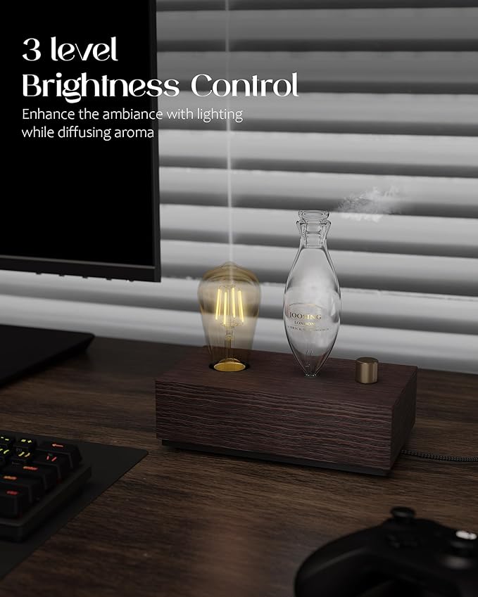 Glass Essential Oil Diffuser with Natural Wood Base, Waterless Aromatherapy Diffusers with Bulb, 3 Color Light Aroma Nebulizer for Home Office Bedroom Yoga | A Gift of Fragrance