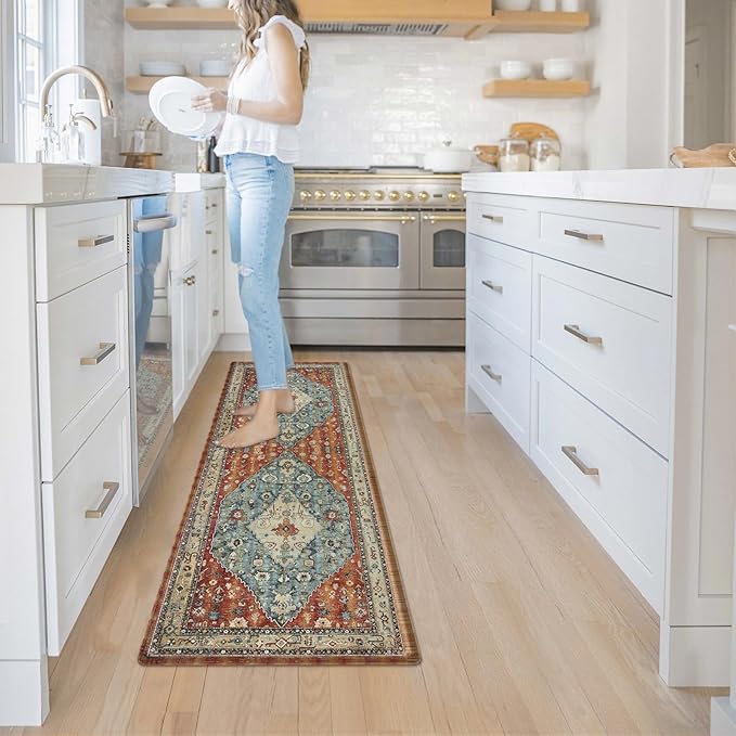 Collive Kitchen Rugs Anti Fatigue Kitchen Runner Mats Cushioned, Comfort Fatigue Mats for Standing, 17”x59” Red Non-Skid Washable Kitchen Floor Mats for Office, Sink, Laundry