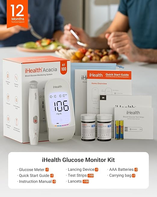iHealth Acacia Blood Glucose Monitor Kit, 100 Glucometer Strips, 100 Lancets, 1 Blood Sugar Monitor, 1 Lancing Device, 1 Travel Bag, No Coding, Portable Blood Sugar Testing Kit, For People with Diabetes