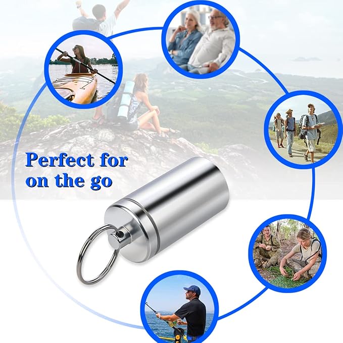 Portable Pill Holder Keychain,Aluminium Alloy Waterproof Pill Boxes Container for Purse Pocket,Small Daily Pill Case for Outdoor Travel Camping-Silver