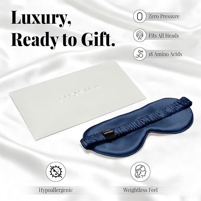 THXSILK 6A+ Grade 25 Momme Silk Sleep Mask, 100% Mulberry Blackout Eye Mask for Sleeping, Soft Lightweight Silk Eye Cover for Women, Men, Travel, Nap, Airplane(4.7×27.5inches, Navy Blue)