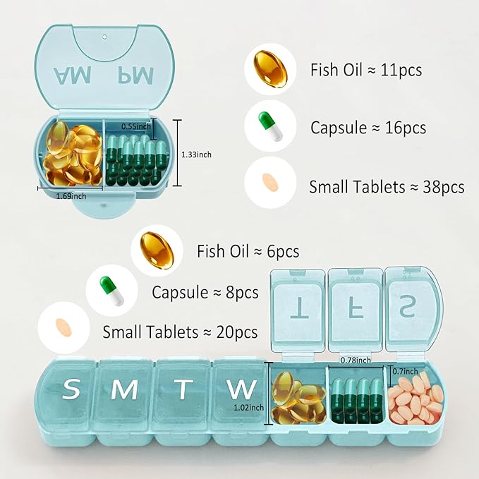 10 Pack (Weekly & Daily), 2 Times a Day (AM/PM) + 7-Day Pill Organizer, Vitamin Planner, Large Capacity, Travel Pill Case for Medication/Vitamins/Fish Oils/Supplements, Pink/White/Blue