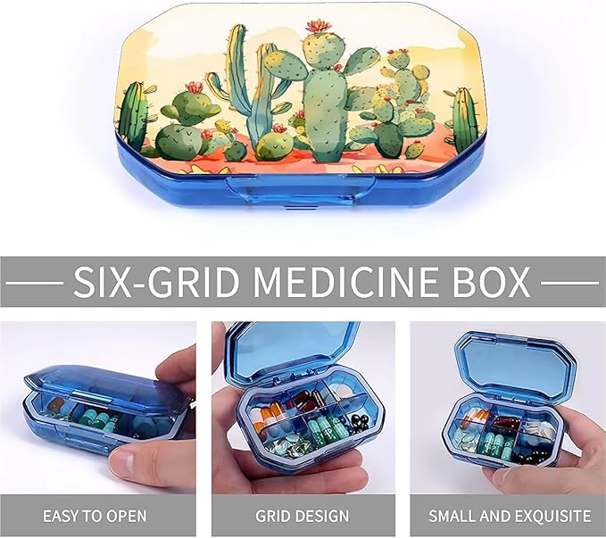 This Portable Cacti in The Desert Pattern 6 Compartment Pill Box Can Be Placed in A Pocket Or Wallet to Store Vitamins, Medicines Health Supplements Other Medications.